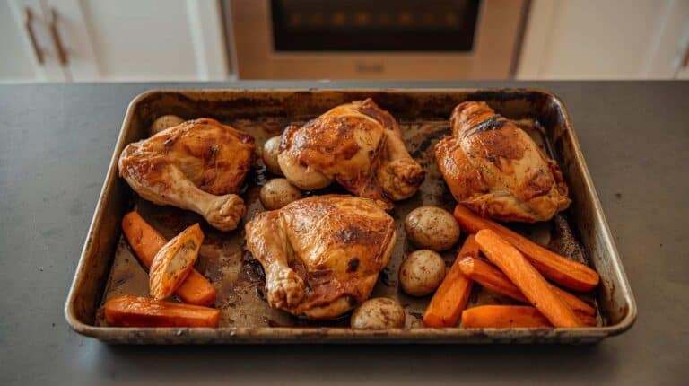 Roasted chicken quarters, new potatoes, and carrots on a sheet pan.