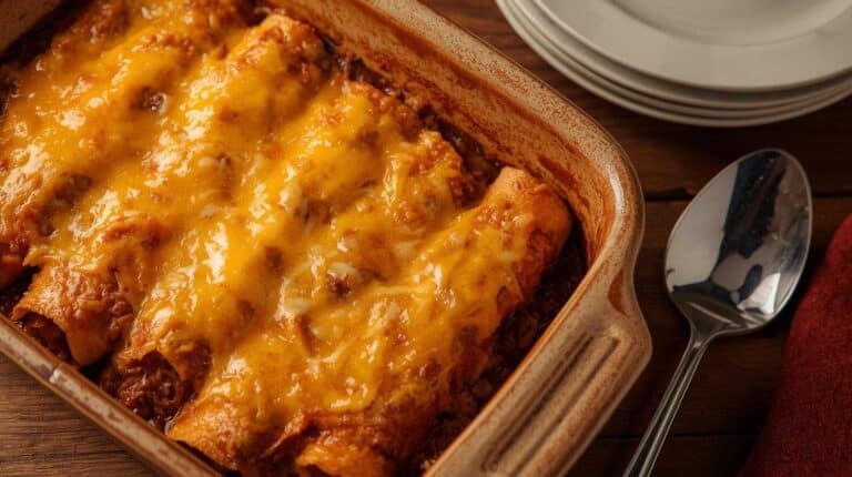 Beef and cheese enchiladas in a baking dish with melted cheese on top.