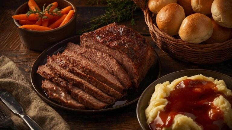 Sliced pot roast on a platter, mashed potatoes and gravy, carrots, and dinner rolls on a table.