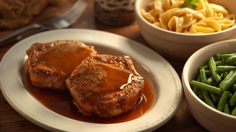 Pan-seared pork chops with gravy, buttered noodles, and green beans on a table.