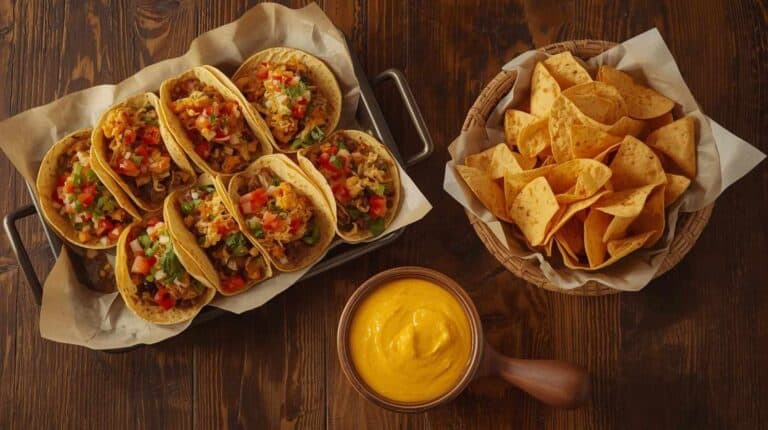 Homemade tacos, queso, and tortilla chips on a kitchen table.
