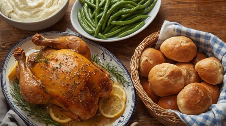 Roast chicken with lemon and herbs, green beans, mashed potatoes, and rolls.