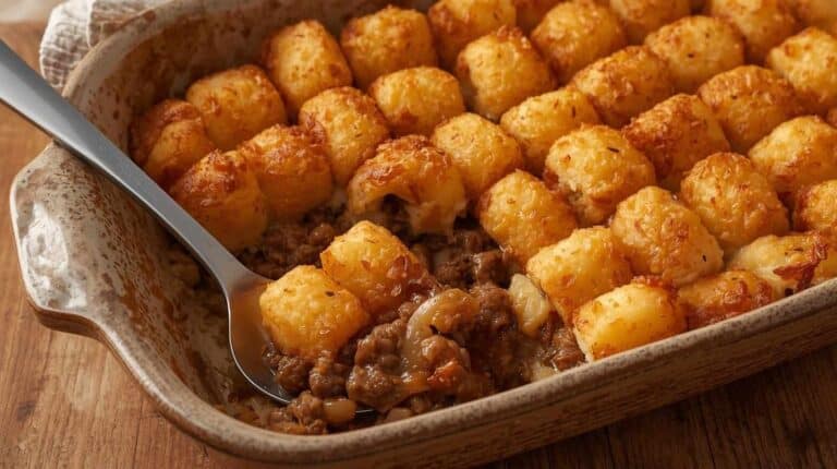 Tater tot casserole with creamy ground beef filling.