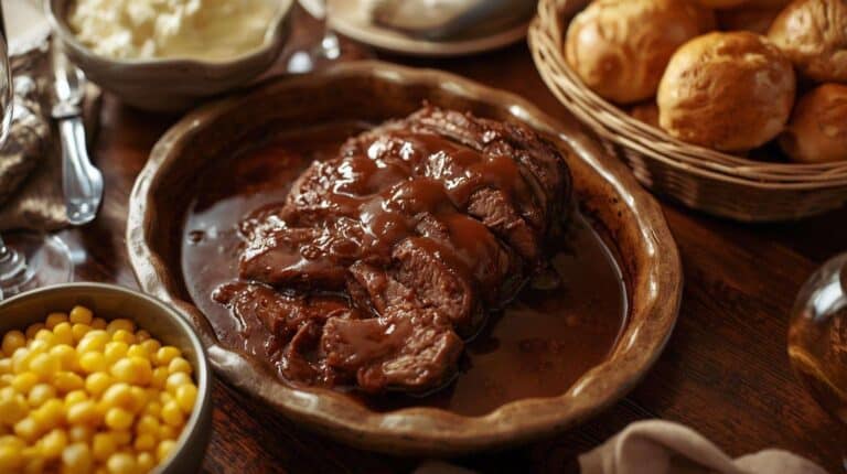 Sliced pot roast with gravy, buttered corn, mashed potatoes, and rolls.