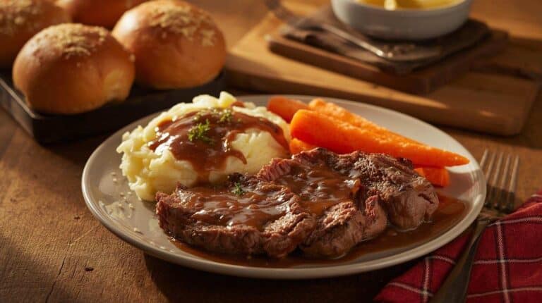 A plate with roast beef slices, gravy, mashed potatoes, and roasted carrots. Rolls on a tray beside it.