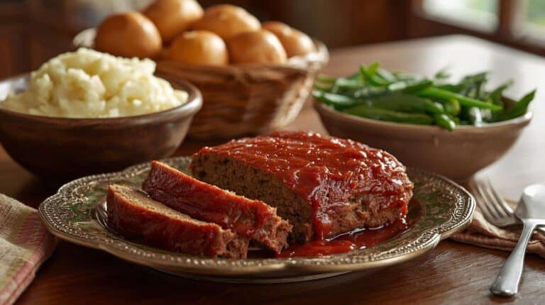 Meatloaf with ketchup glaze, green beans, mashed potatoes, and rolls on a kitchen table.