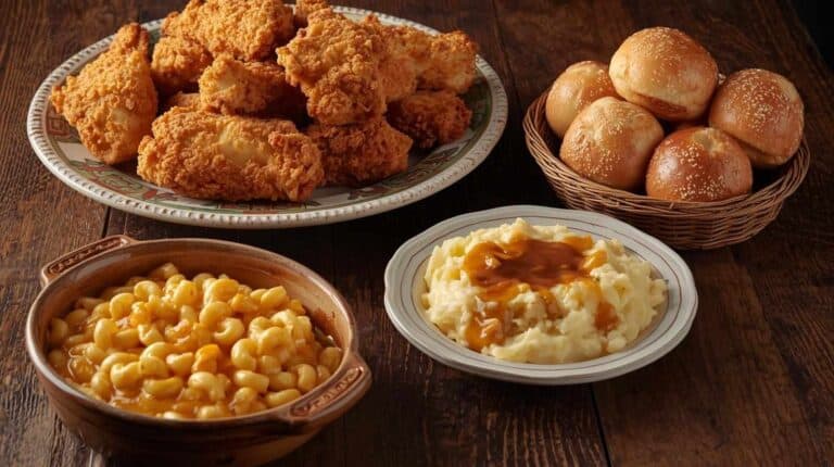 Fried chicken, mac and cheese, mashed potatoes with gravy, and rolls on a table.
