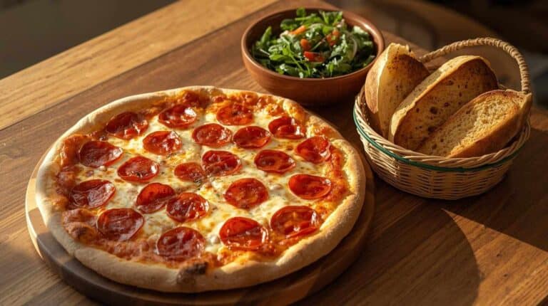 Homemade pepperoni pizza, garlic bread slices, and a simple green salad.