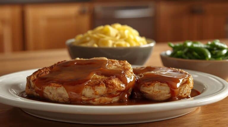 Baked pork chops with gravy, buttered egg noodles, and green beans.