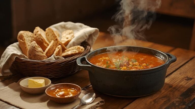 Pot of soup on the table with bowls, bread, and butter.