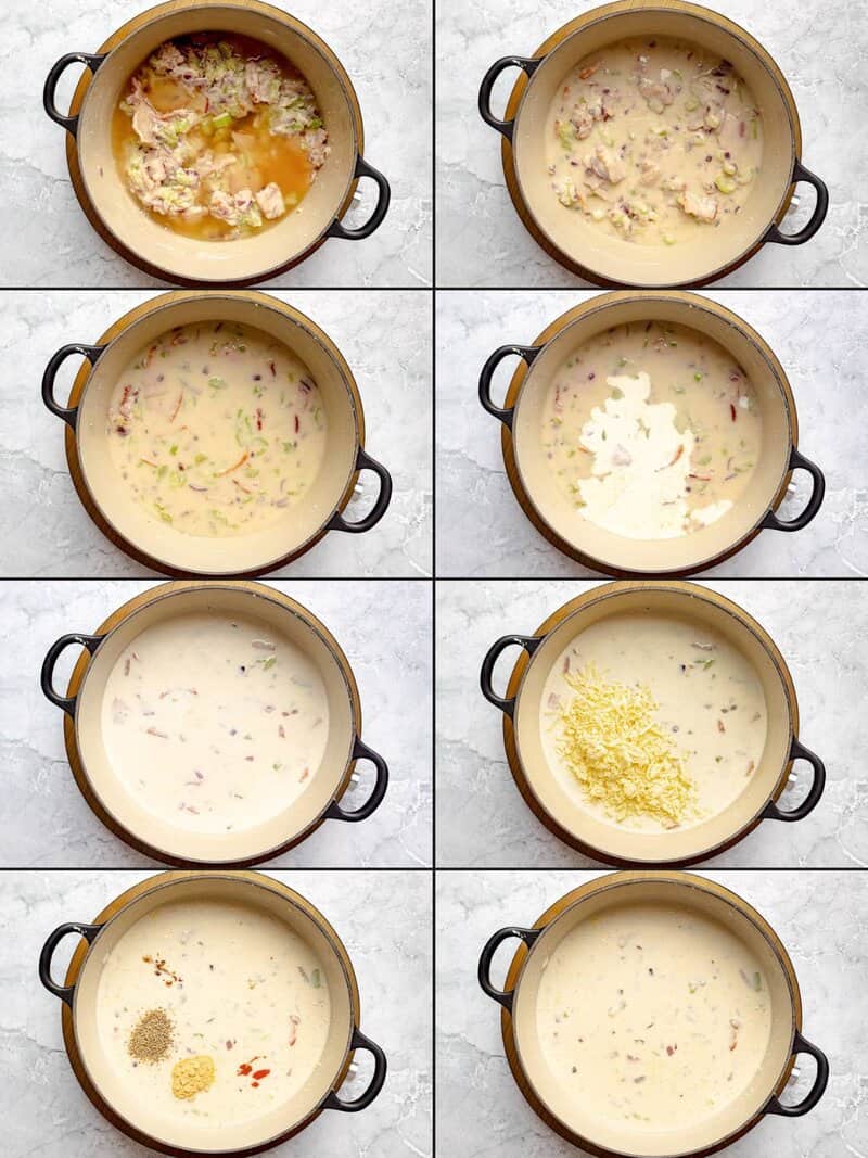 Adding cheddar cheese, cream, stock, and seasonings to a soup base.