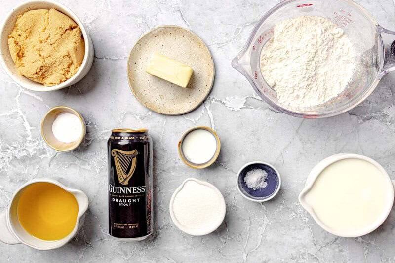 Guinness stout beef, brown sugar, flour, baking soda, buttermilk, and butter.