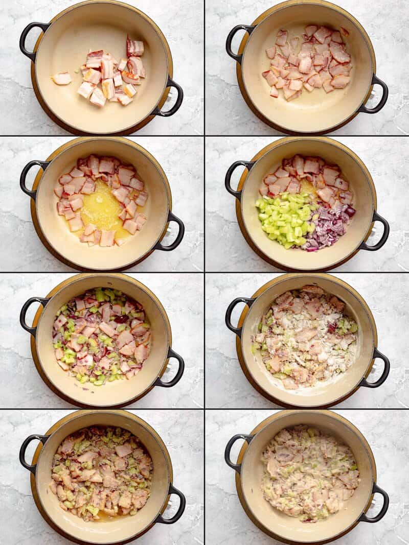 Cooking bacon and veggies then adding flour and stock to the pot.