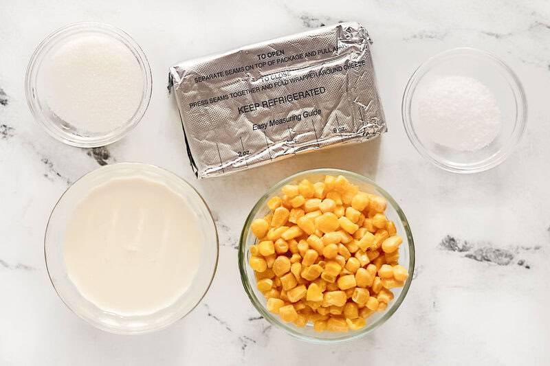 Cream cheese, cream, sugar, salt, and corn kernels.