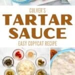 Ingredients for tartar sauce, making it in a food processor, and serving it with fish and fries.