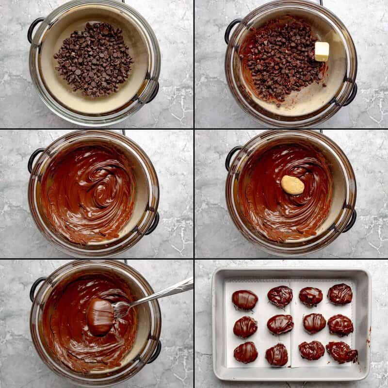 Dipping egg shaped peanut butter candy in melted chocolate.