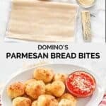 Ingredients to make copycat Domino's parmesan bread bites and the bites served with marinara.