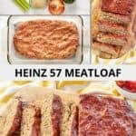 Ingredients to make a glazed meatloaf, the meat mixture in a baking dish, and the meatloaf served.