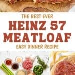 Sliced meatloaf, the ingredients to make it, and in a baking dish before baking it.