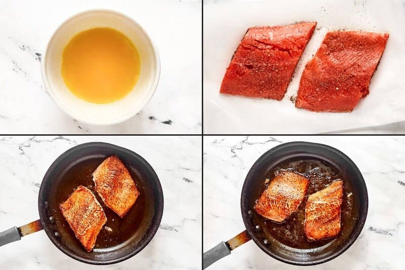 Lemon butter sauce, seasoned salmon, searing the salmon, and cooking it with the sauce.