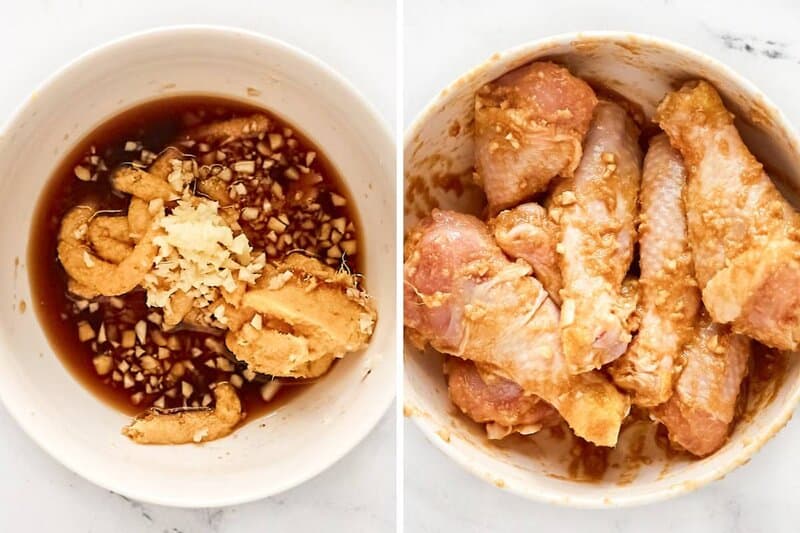 Making miso glaze and marinating chicken drumsticks with it.