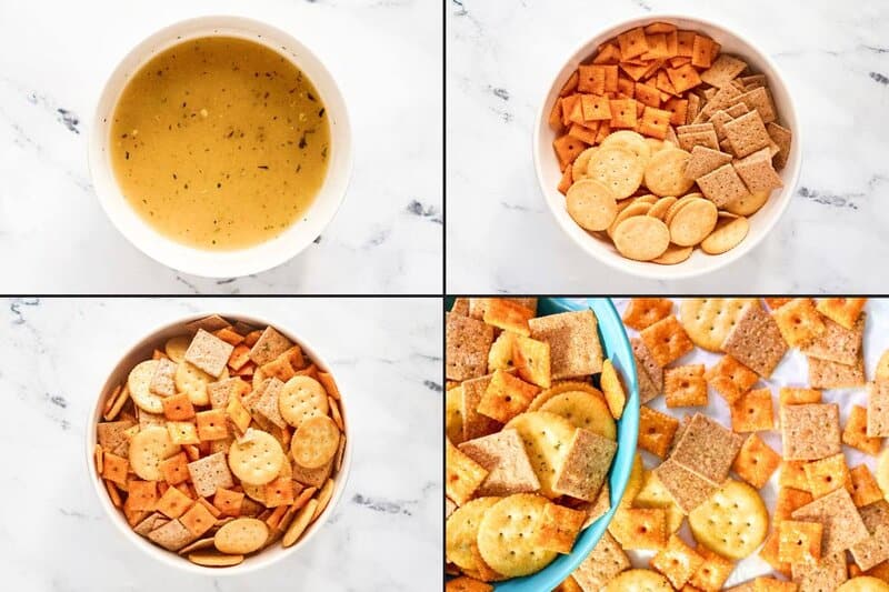 Ranch seasoning oil blend, assorted crackers, and mixing them together.