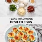 Ingredients to make candied bacon topped deviled eggs and a platter of the eggs.