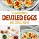 Deviled eggs topped with candied bacon and the ingredients to make them.