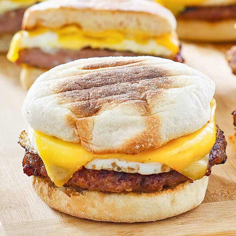 Breakfast sandwich with egg, cheese, and sausage.