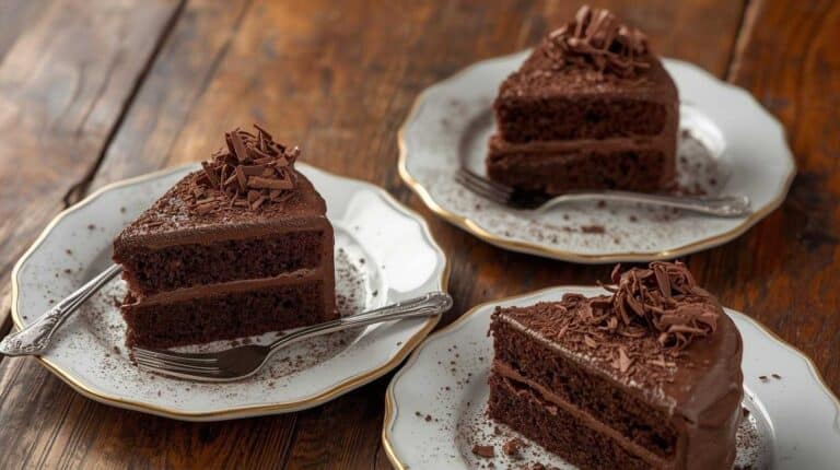 Chocolate layer cake slices with thick chocolate frosting and chocolate shavings on dessert plates.