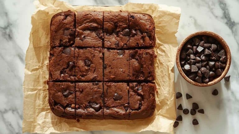 Fudgy brownies cut into squares on parchment paper with a bowl of chocolate chips nearby on a kitchen counter.