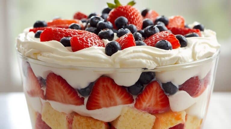Mixed berry trifle layered with pound cake cubes, whipped cream, strawberries, and blueberries in a glass bowl.