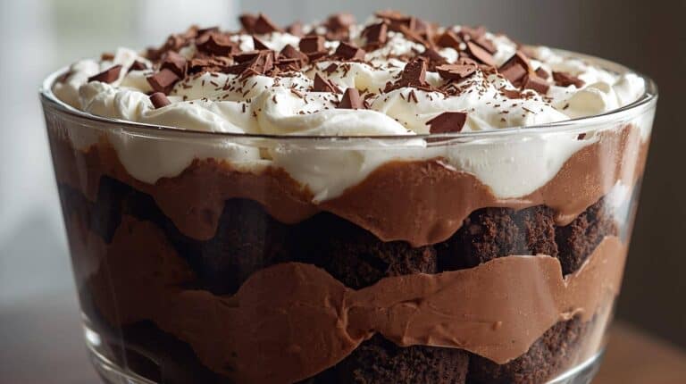 A large glass bowl of chocolate trifle layered with cake cubes, chocolate pudding, and whipped cream with chocolate shavings on top.
