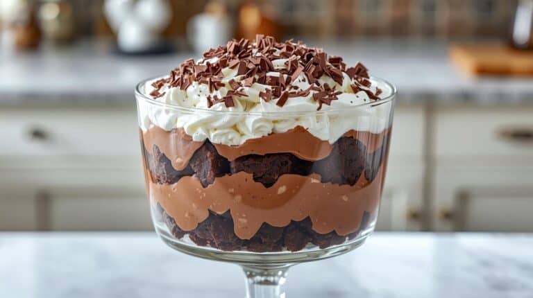 Chocolate trifle on a kitchen counter.