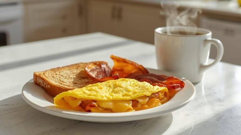 Cheese omelet, bacon, and toast on a plate and a cup of coffee by it.