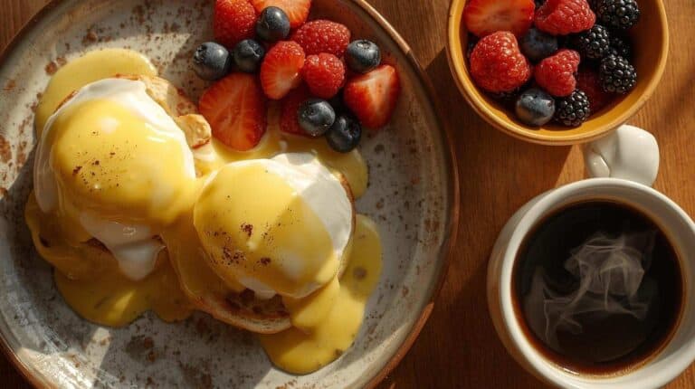 Classic eggs benedict, mixed berries, and a cup of coffee.