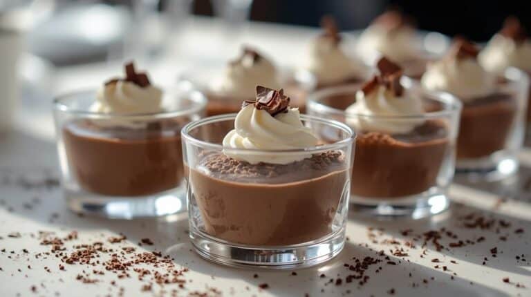 Chocolate mousse cups topped with whipped cream and chocolate shavings on a dessert table.