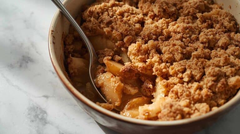 Apple crisp with streusel topping in a ceramic baking dish.