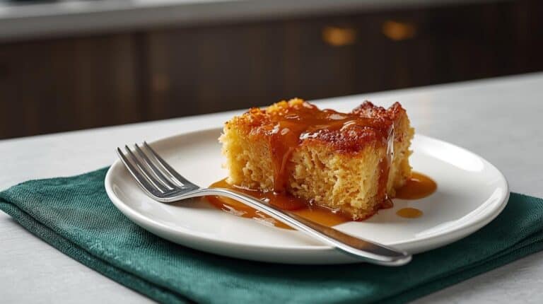 A slice of bread pudding with caramel sauce on a plate.