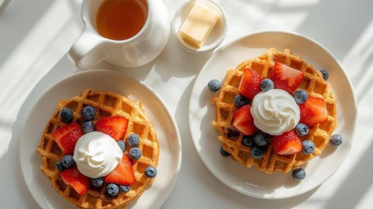 Waffles topped with fresh strawberries, blueberries, and whipped cream on plates with syrup and butter.