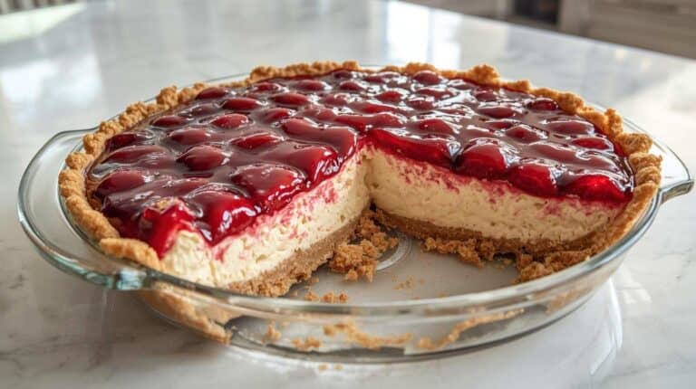 Cherry cheesecake pie with graham cracker crust and glossy cherry topping on a kitchen counter.