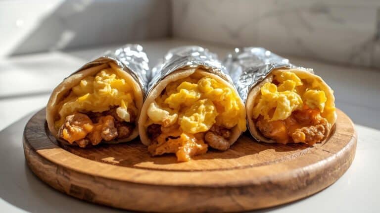 Breakfast burritos filled with eggs, cheese, and sausage arranged on a platter on a kitchen counter.