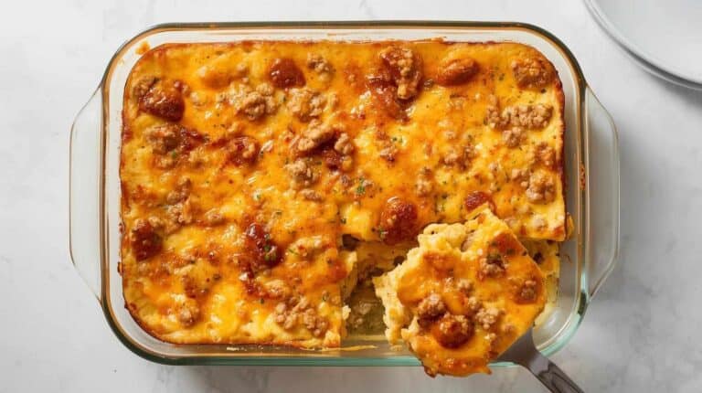 Breakfast casserole with eggs, sausage, and melted cheese baked in a glass dish on a kitchen counter.