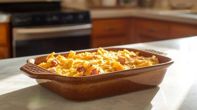 A cheesy ham and hashbrown casserole on a kitchen counter.