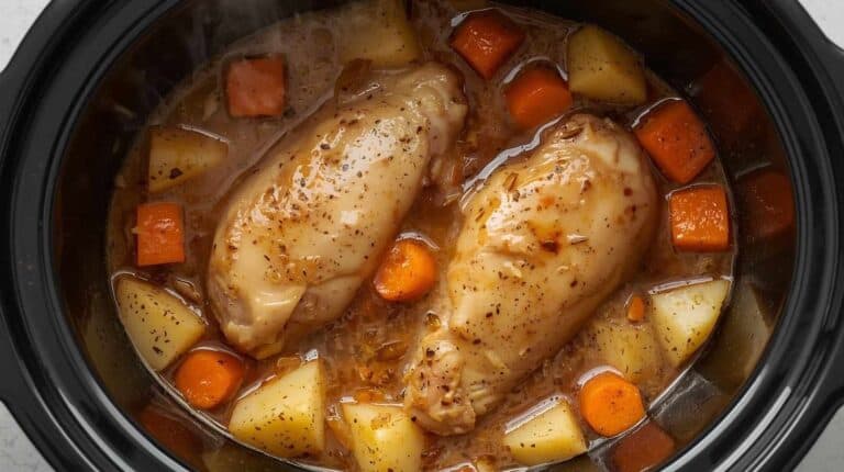 Two chicken breasts, potatoes, carrots, and sauce in a slow cooker.