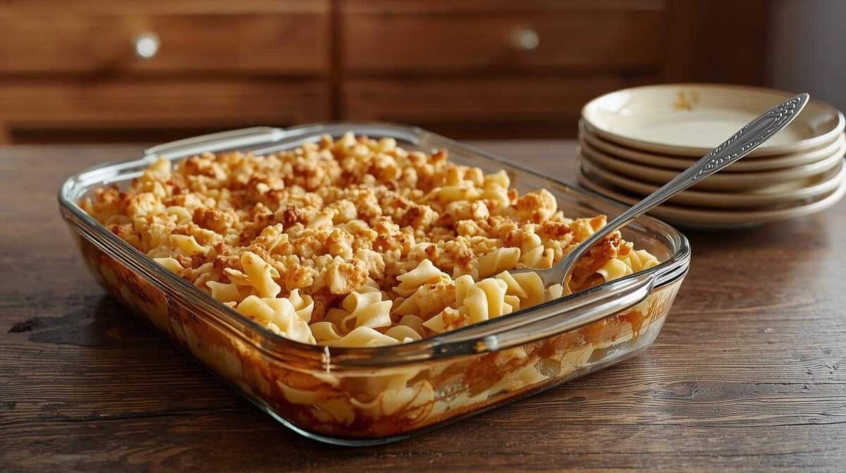 A tuna noodle casserole with egg noodles and a crunchy cracker topping baked in a vintage glass dish on a kitchen table.