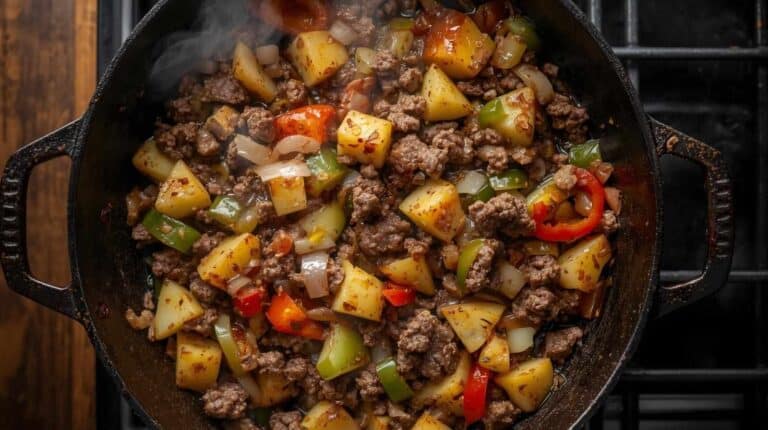 Ground beef and potato skillet with onions and peppers cooked in a cast iron pan.