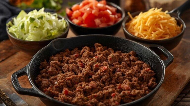 A skillet of ground beef taco meat served with shredded lettuce, tomatoes, and cheese in bowls on a family dinner table.