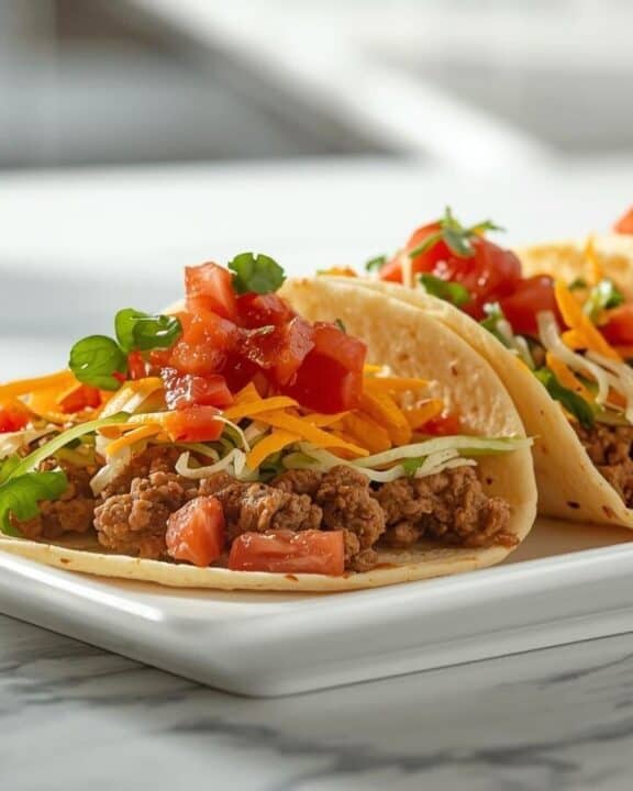 Ground beef tacos with lettuce, tomatoes, shredded cheese, and salsa on a platter.