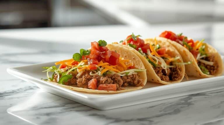 Ground beef tacos with lettuce, tomatoes, shredded cheese, and salsa on a platter.